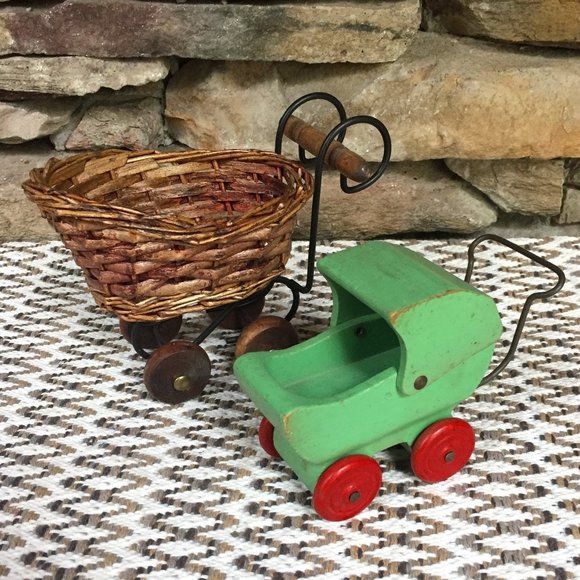 Vintage 2 Baby Carriages Doll Buggy Wicker Wood